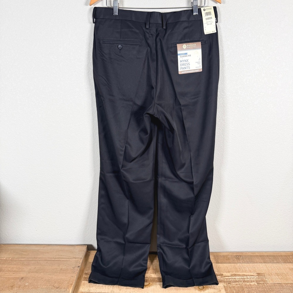 Haggar Mynx Dress Pants Pleated Classic Fit Mens 34x32 Black Gabardine Cuffed - Picture 3 of 5